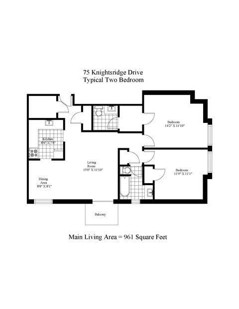 Floor plan for 2 beds, 1 bath, 914 sqft